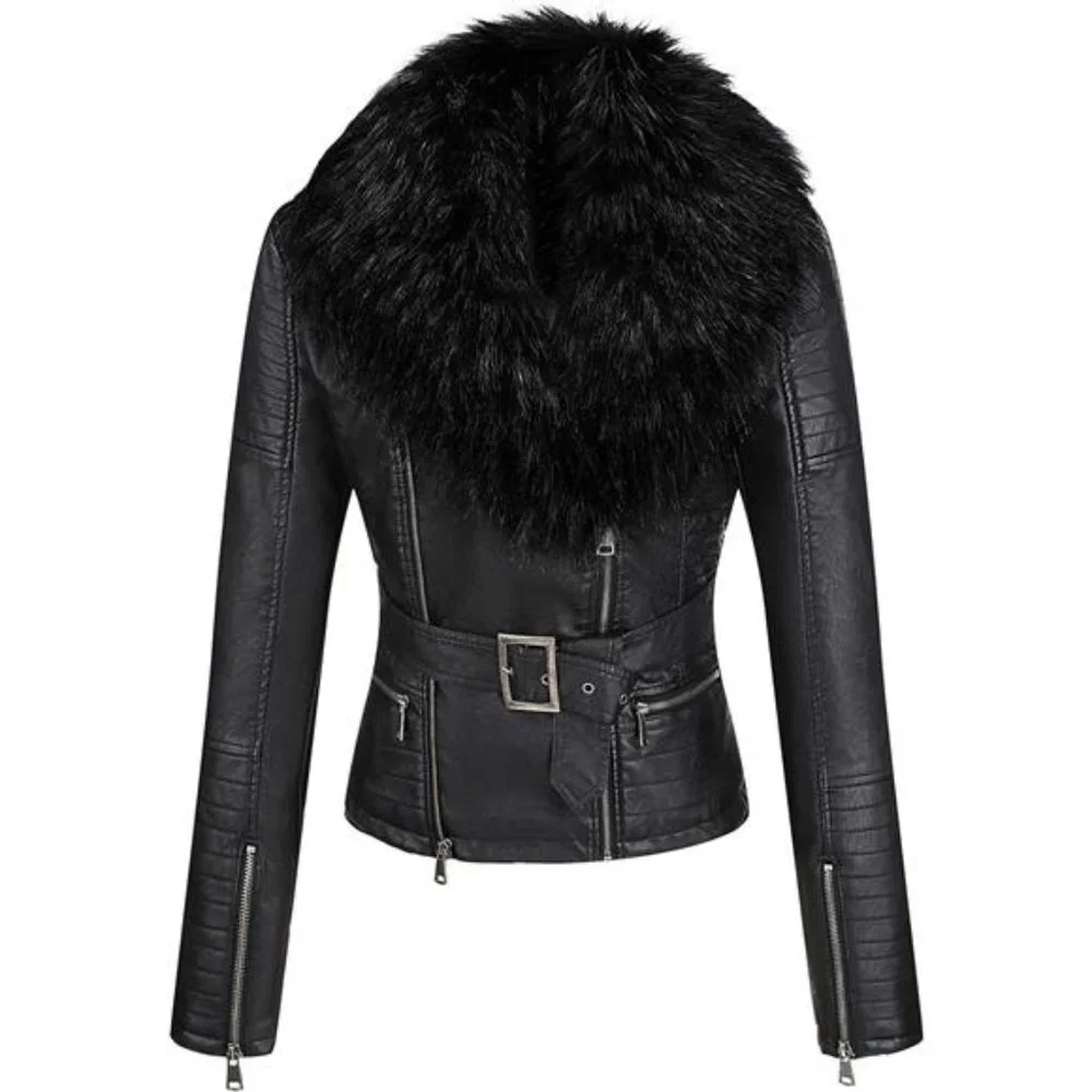 Black Faux Fur Leather Belted Motorcycle Bomber Jacket Sherpa Winter Biker Coat - Picture 7 of 10